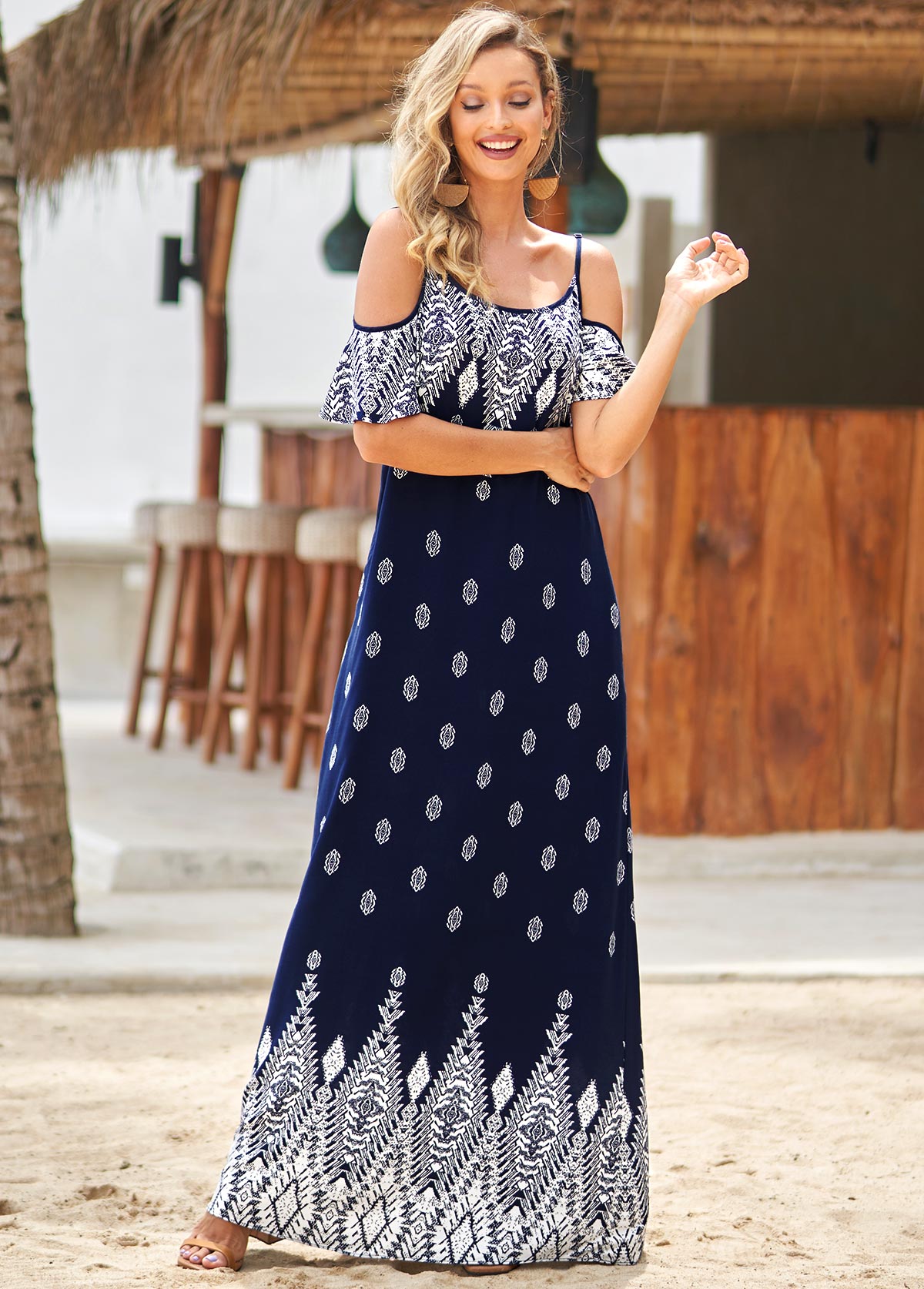 Strappy Cold Shoulder Double Side Pockets Tribal Print Dress