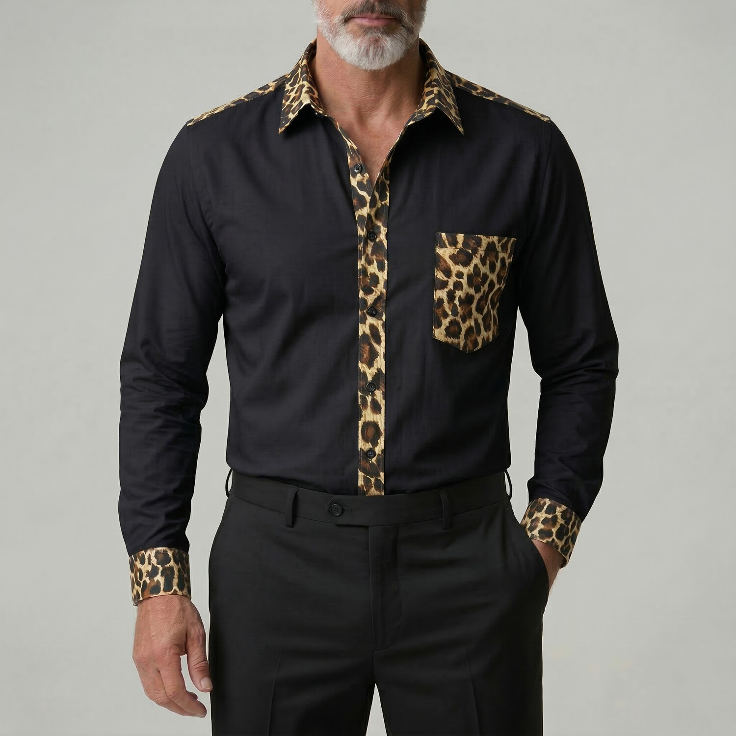 Men's Casual Leopard Print Contrast Trim Chest Pocket Long Sleeve Shirt