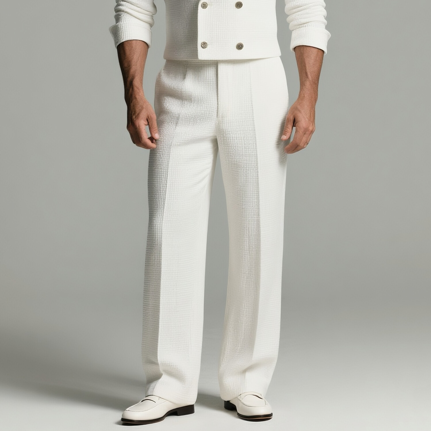 Men's Waffle Textured Double Breasted Peak Lapel Long Sleeve Shirt & Pants 2Pcs Set