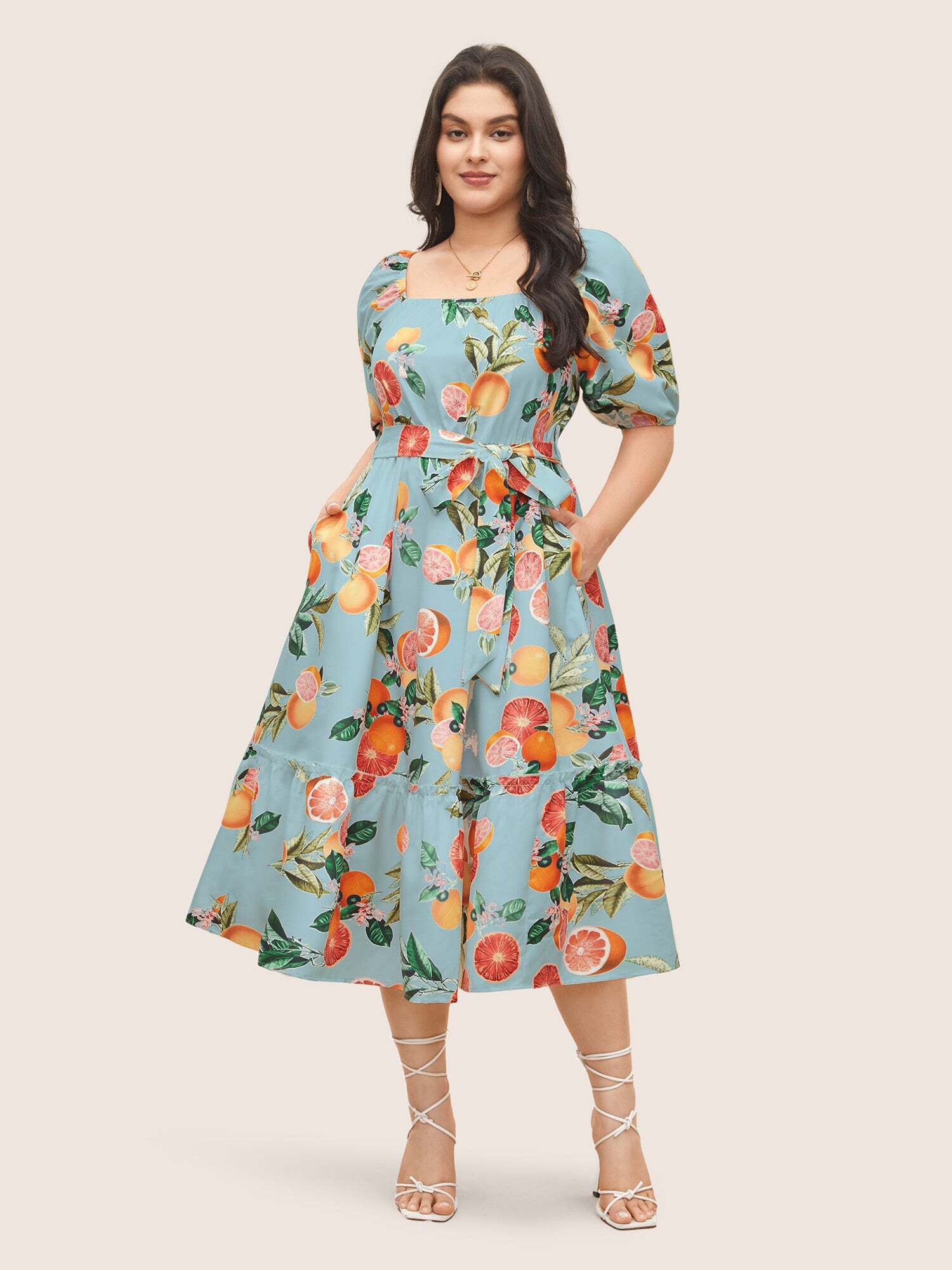 Citrus Orange Print Belted Frill Trim Gathered Dress