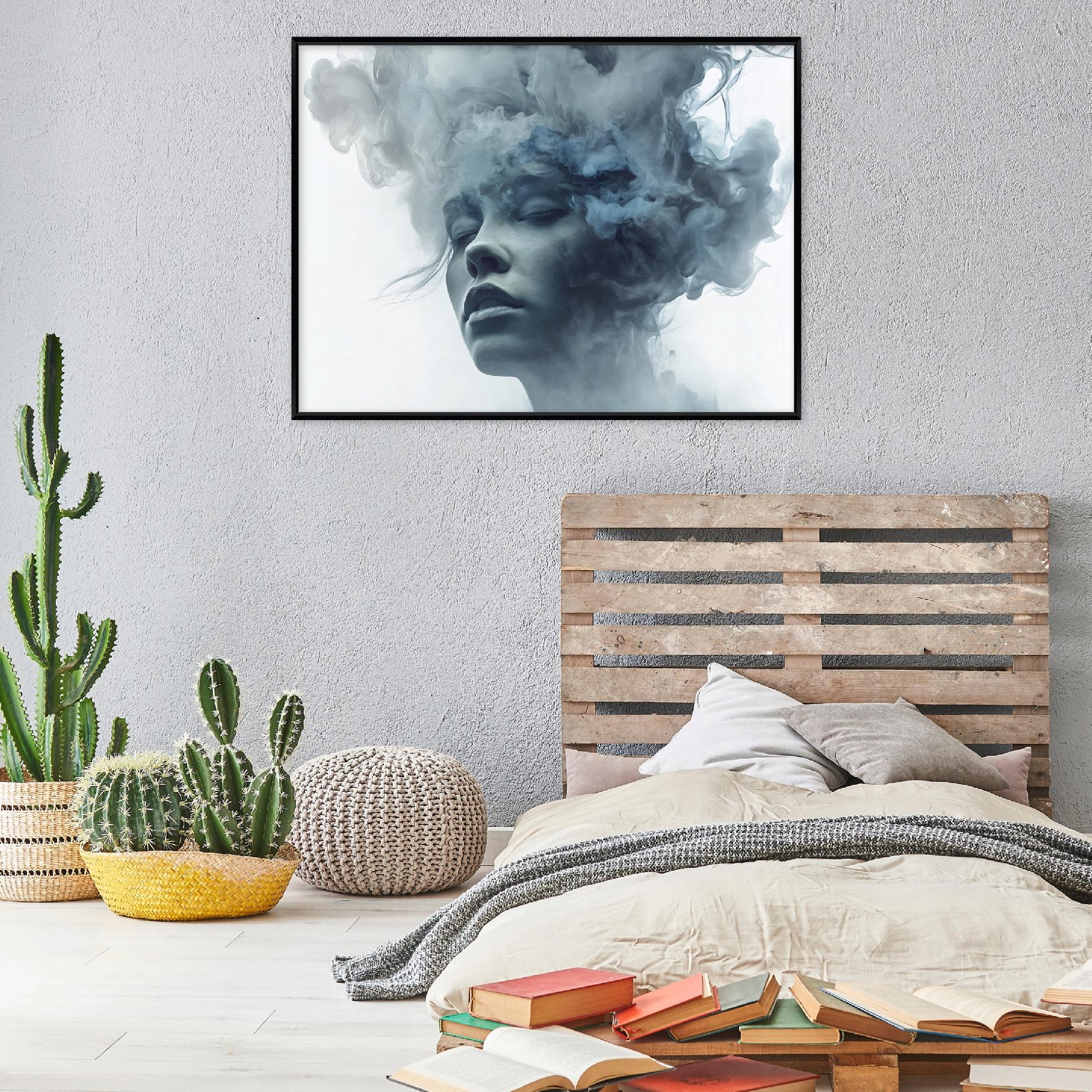 Black framed canvas painting of a woman's face, smoke, living room, bedroom, 40x30