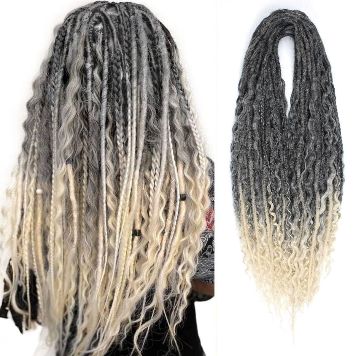 24 Inch 3 In 1 Dreadlock Extensions Sets, 30 Strands Mixed Gray to Blonde Synthetic DE Dreads Extensions, 100% Handmade Soft Double Ended Curly Boho Wavy Dreads for Girls