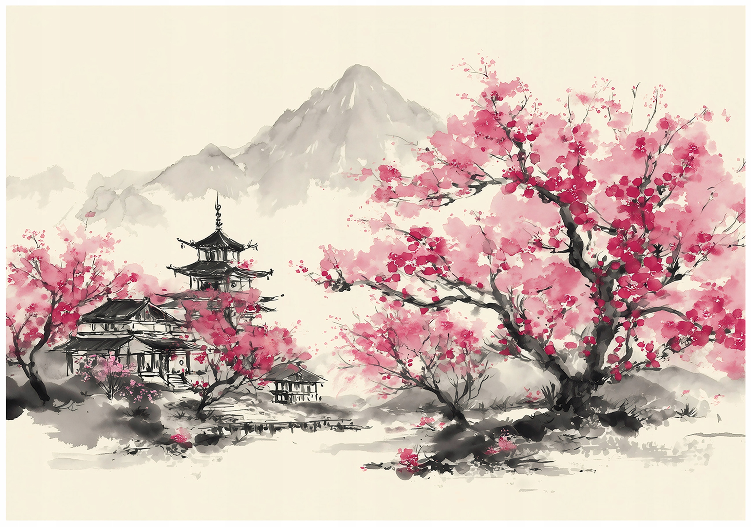 Wall mural featuring mountains, trees, and cherry blossoms; suitable for bedrooms and living rooms; non-woven wallpaper;