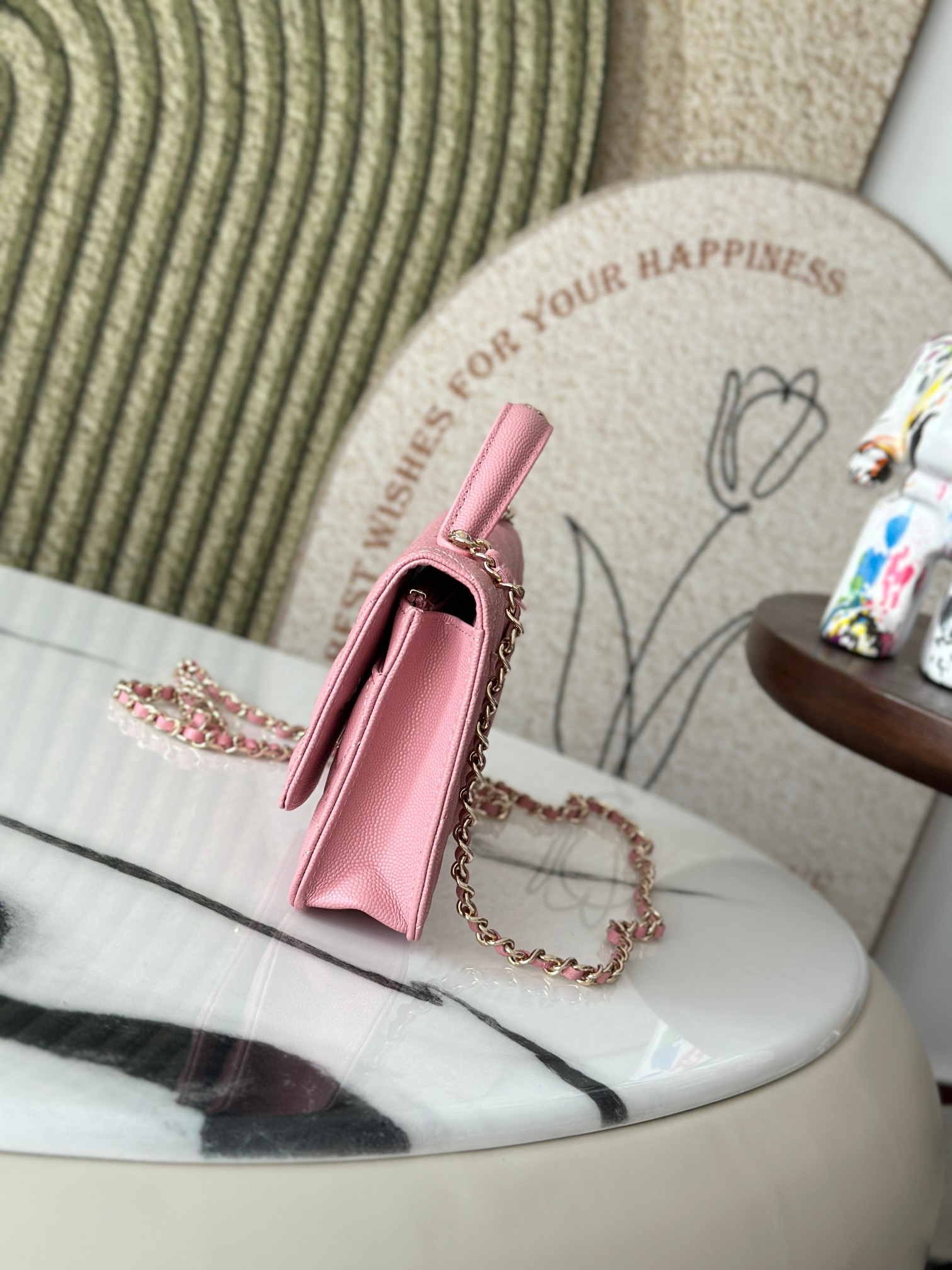 Classic Flap Mini Bag with Top Handle in Sakura Pink Caviar Leather with Light Gold Hardware (Model AP3341) - Mocuir