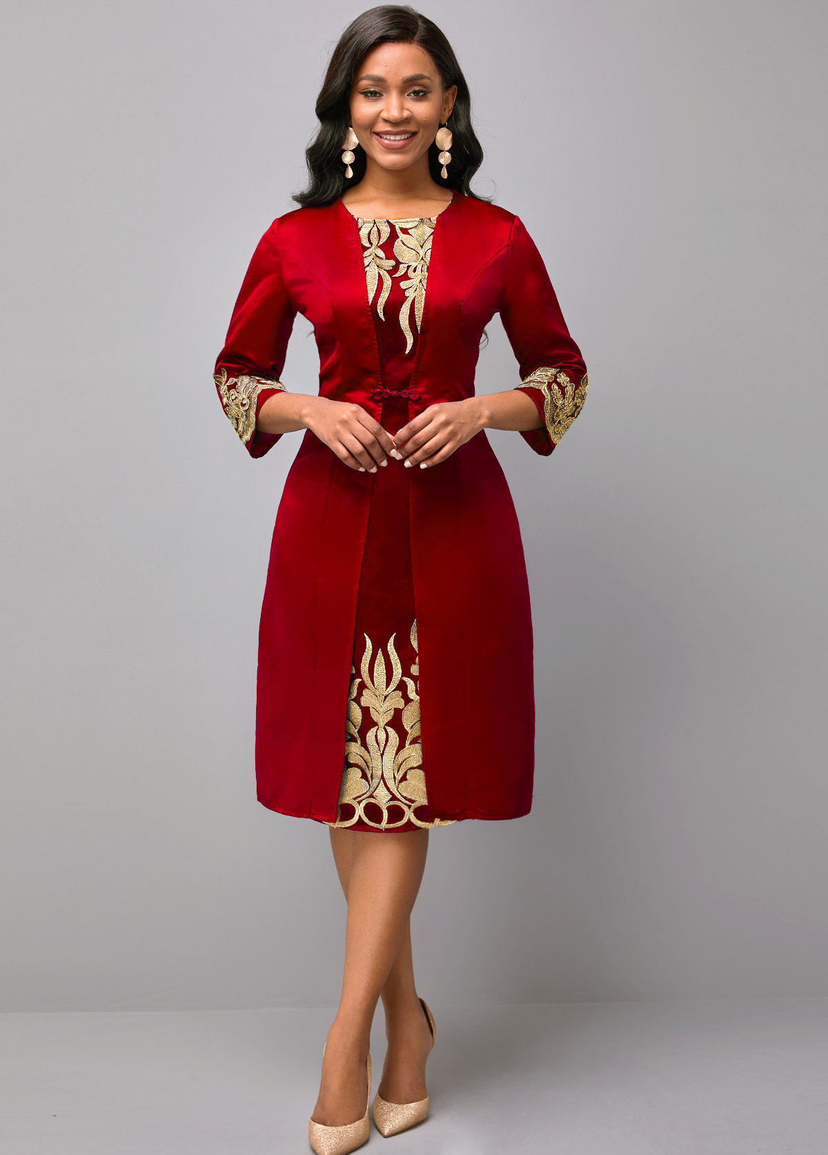3/4 Sleeve Round Neck Embroidered Dress