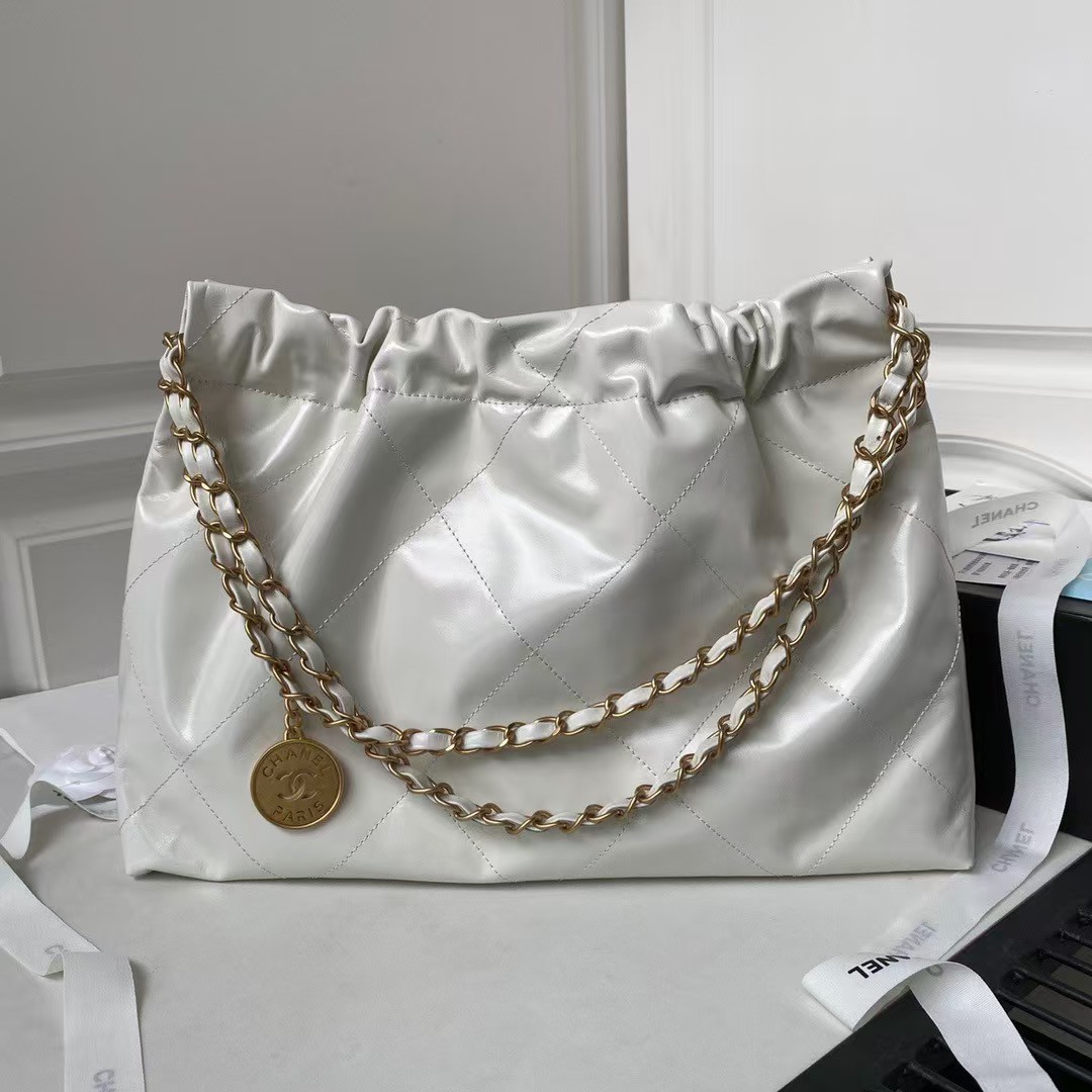 22 Hobo Bag 24C AS4486 Gold Metallic White Shiny Calfskin New Edition Horizontal