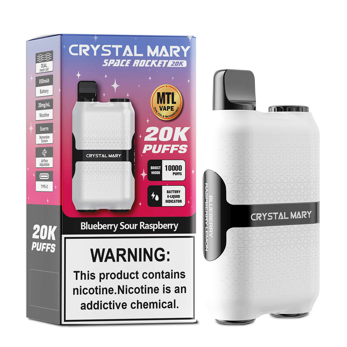 （3 pieces）CRYSTAL MARY 20000 20K Puffs Vape Dual Mesh LED Display Disposable Vape EU Warehouse