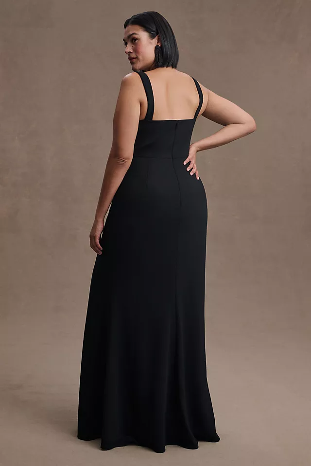 Stylish Square-Neck Crepe Side-Slit Gown BLACK