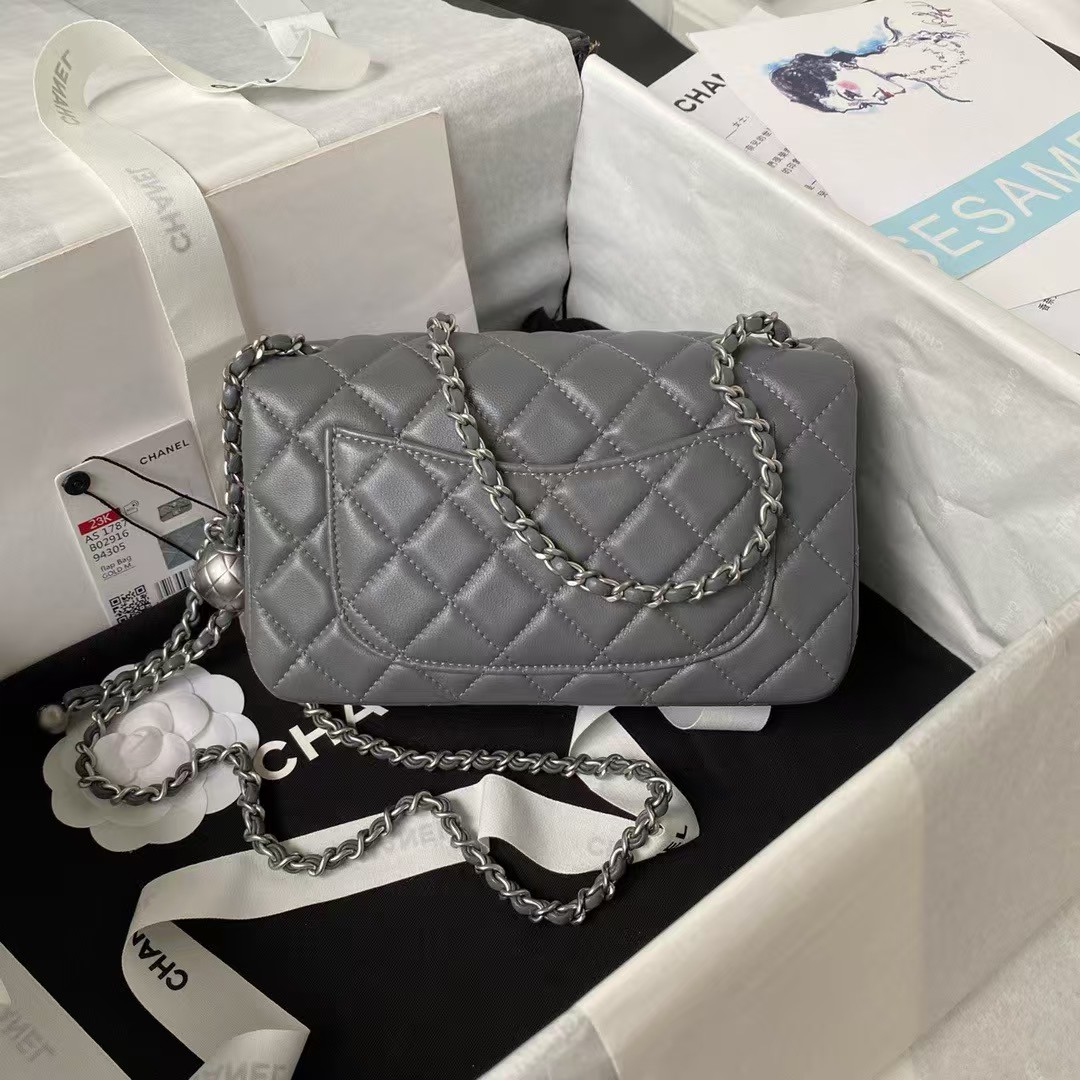 23K AS1787 Mini Pearl Embossed Rectangular Flap Bag Lambskin Brushed Silver Metal Hardware Dark Grey