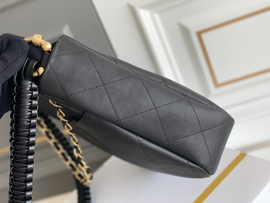 23A Fall-Winter Pre-Collection Hobo Bag in Black Calfskin with Braided Strap & Gold-Tone Hardware (Model AS4210) - Mocuir