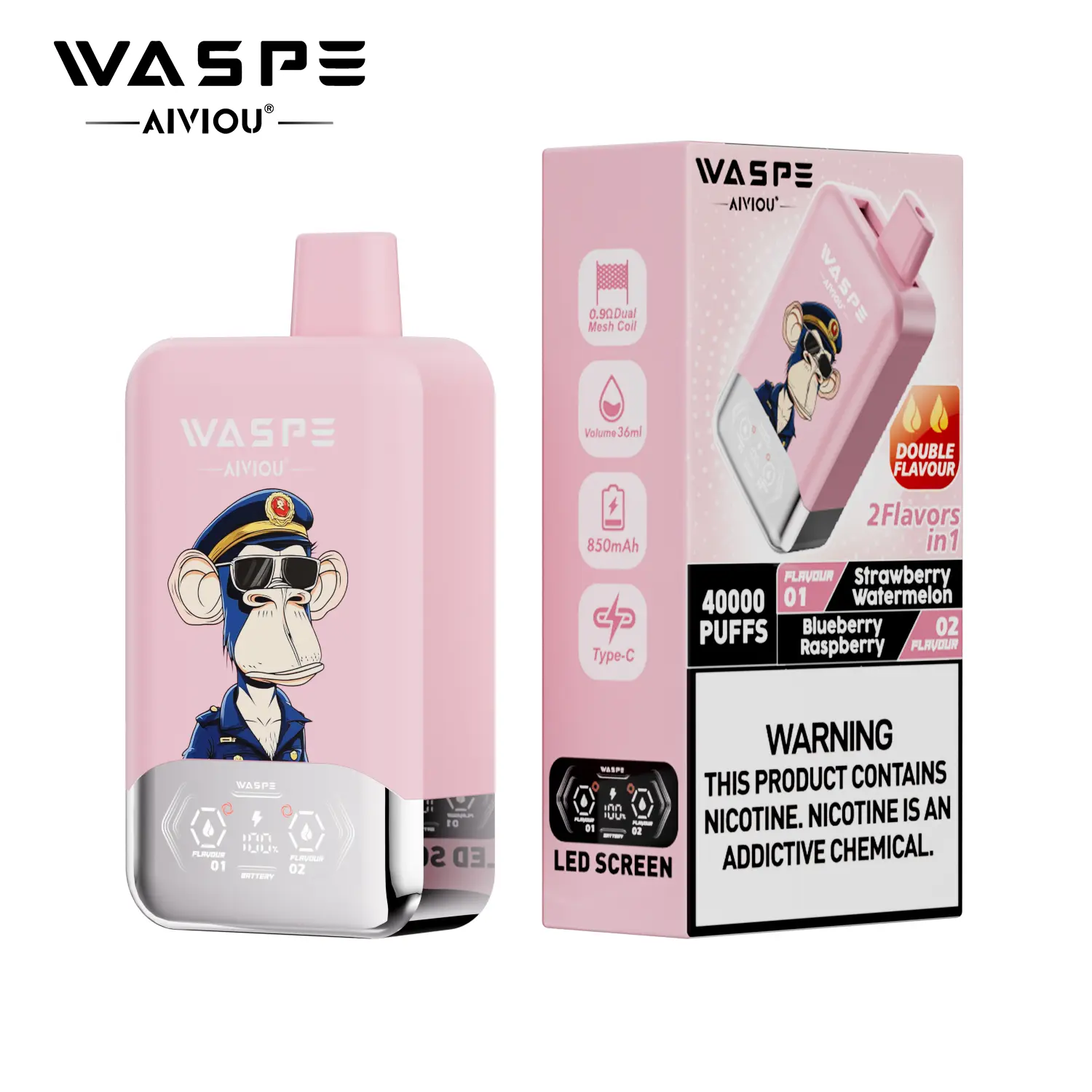 （3 pieces）WASPE 40000 40K Puffs Double Taste LCD Display Disposable Vape