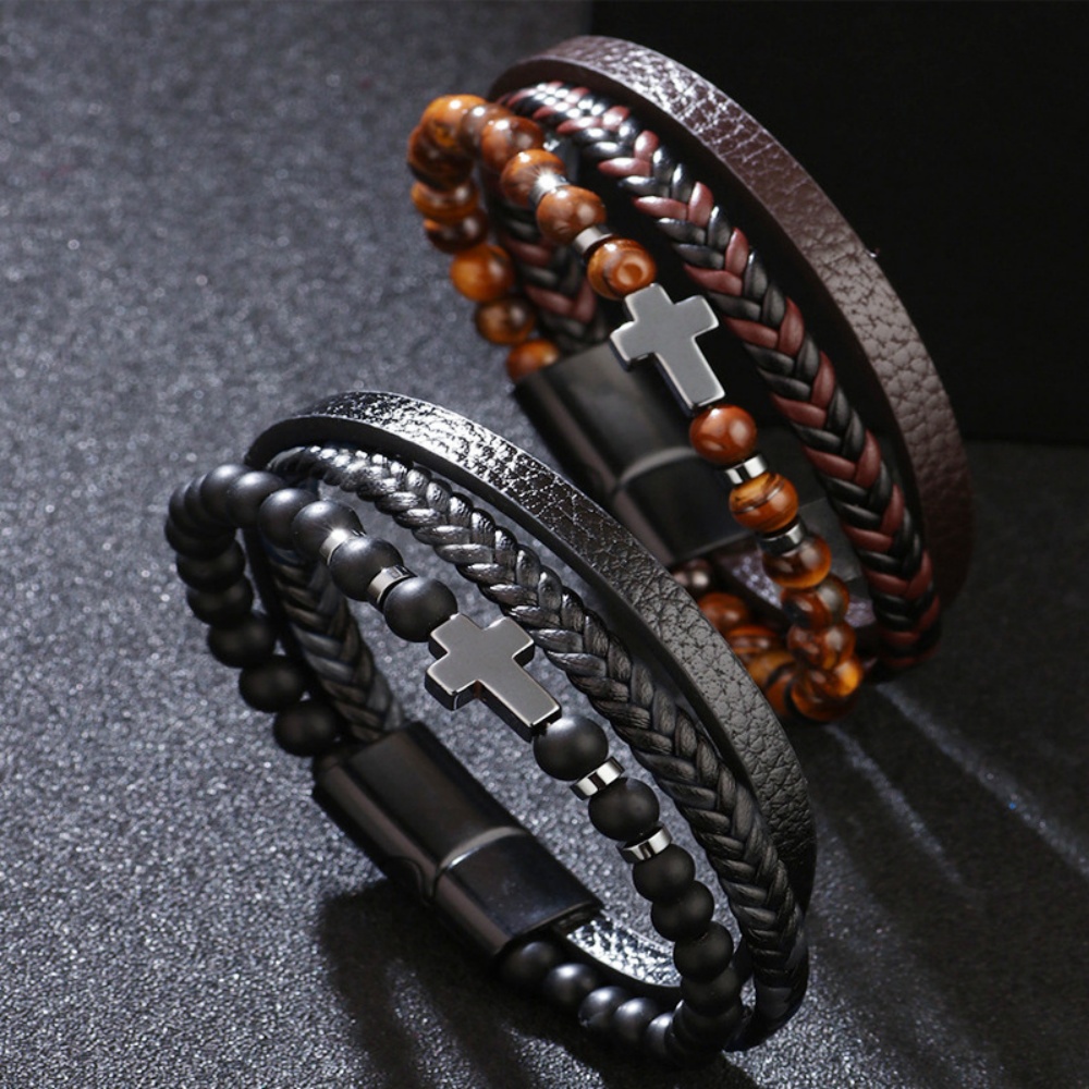 Men's Multi Layer Braided Cross PU Leather Bead Bracelet