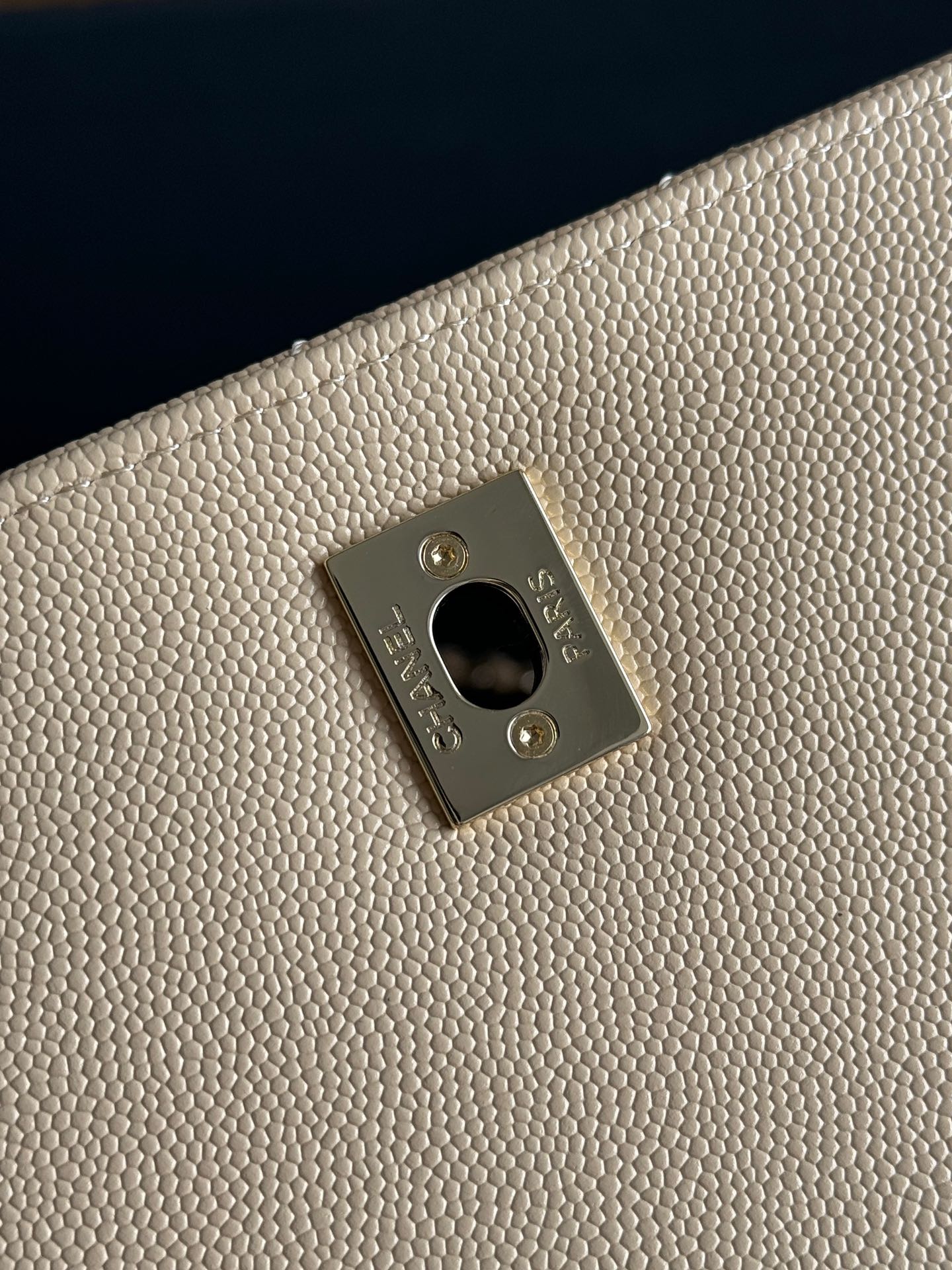 Small Coco Handle Flap Bag in Light Beige Quilted Caviar Leather with Light Gold-Tone Hardware - Mocuir