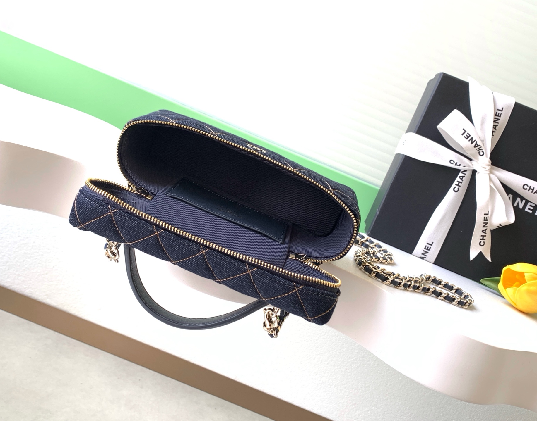 26P Pre-Collection Quilted Denim LP Top Handle Vanity Case in Dark Blue with Gold Hardware (Model AP4385) - Mocuir