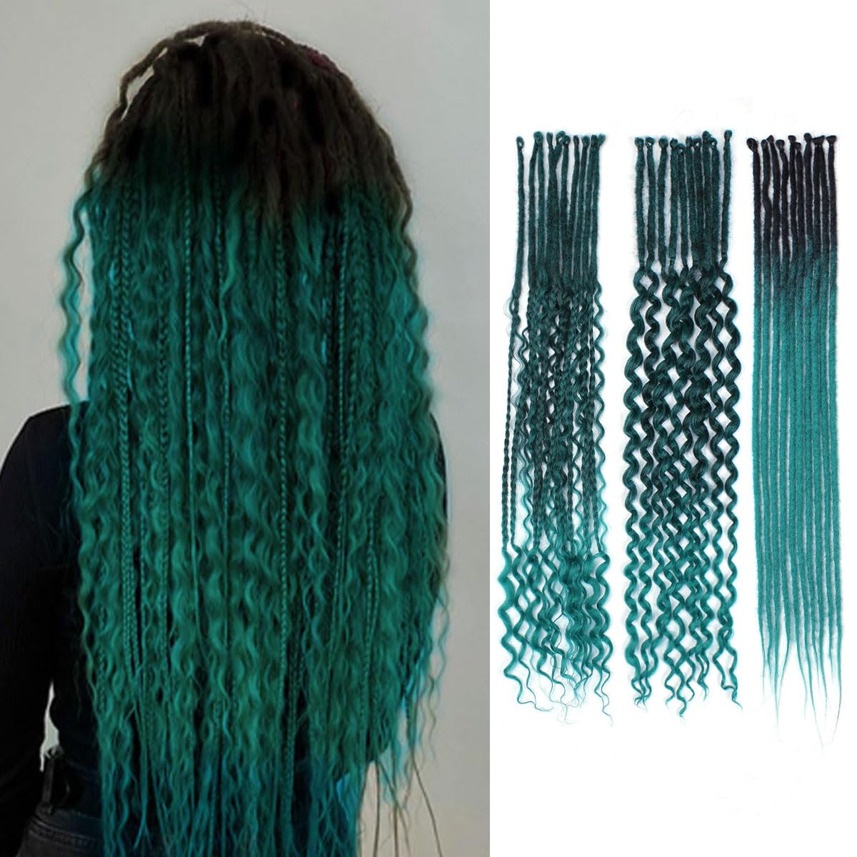 24 Inch 3 In 1 Dreadlock Extensions Sets, 30 Strands Mixed Ombre Green Synthetic SE Dreads Extensions, 100% Handmade Soft Single Ended Curly Boho Wavy Dreads for Girls