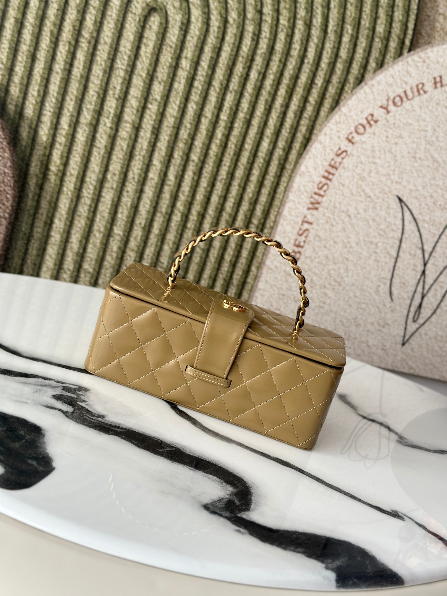 Quilted Patent Leather Long Vanity Case Bag with Chain Handle, Gold Hardware (Model AP5212) - Mocuir