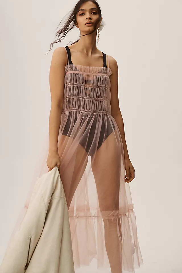 Sheer Smocked Slip Dress MAUVE