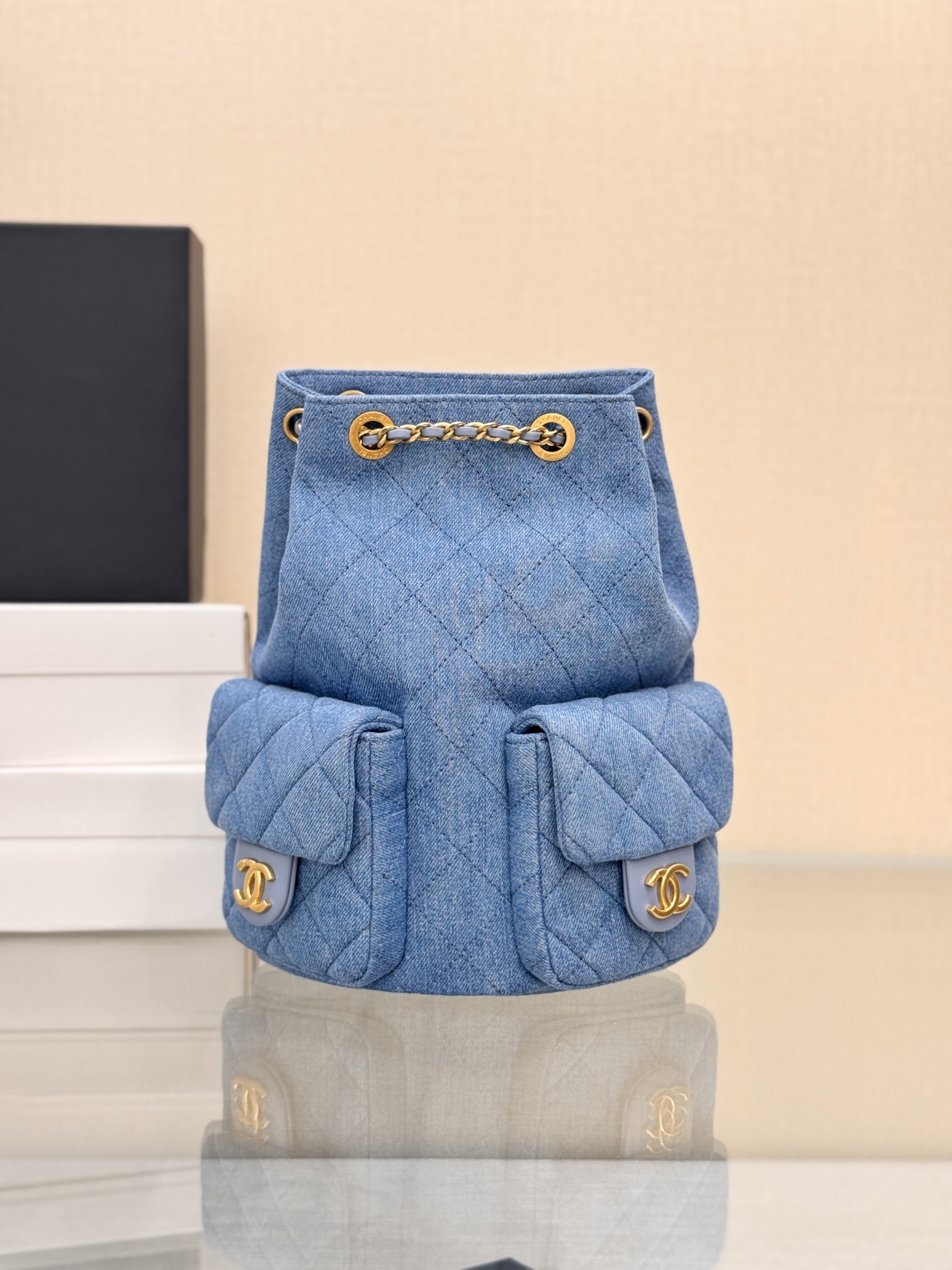 Drawstring Bucket Backpack（Light Denim Blue） - Mocuir