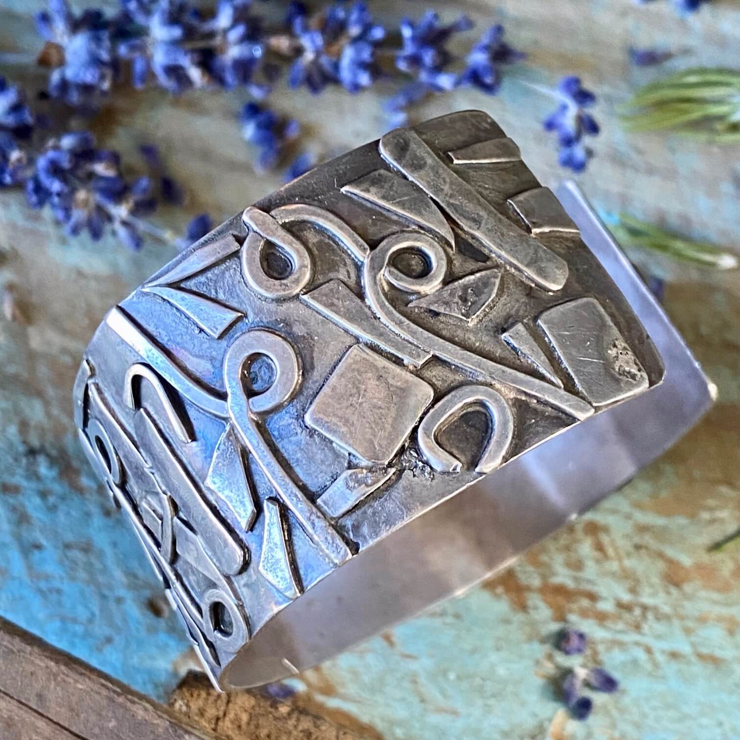 Vintage 1970s Abstract Modern Sterling Silver Wide Cuff Bracelet