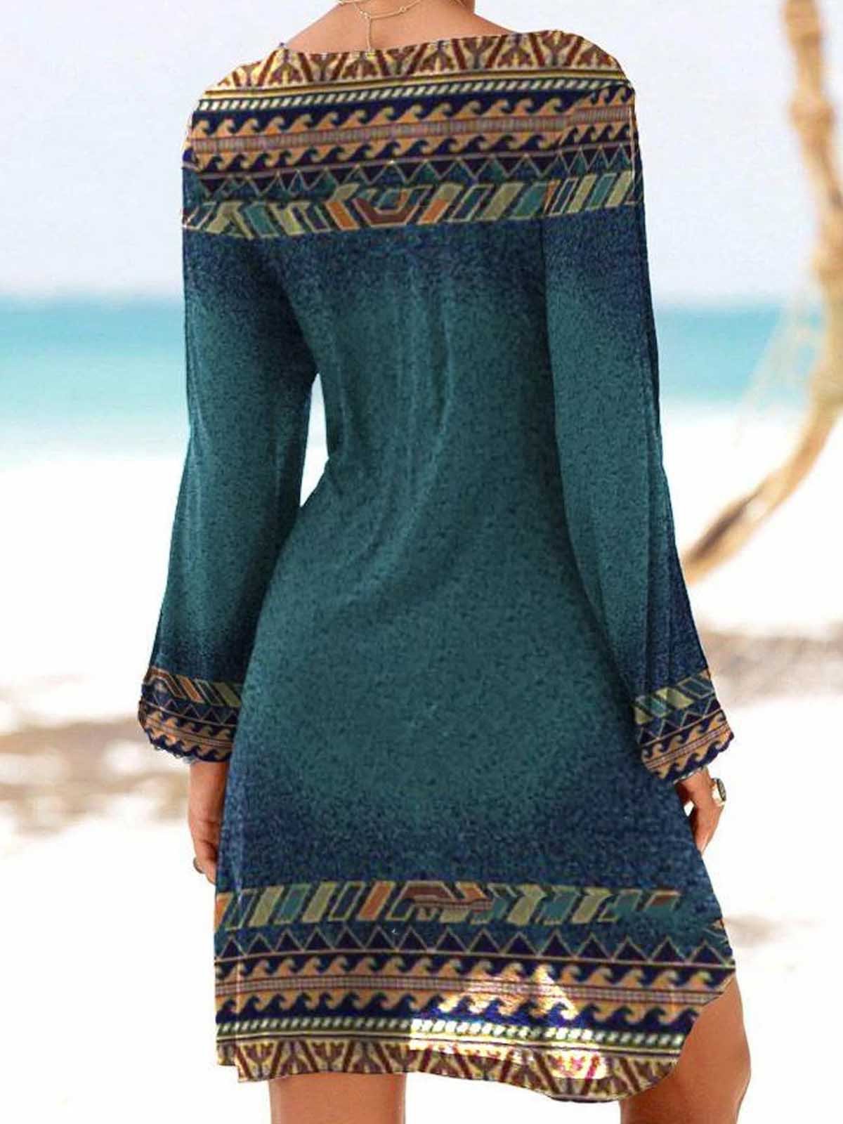 Tribal Print Casual Open-sleeve A-line Dresses