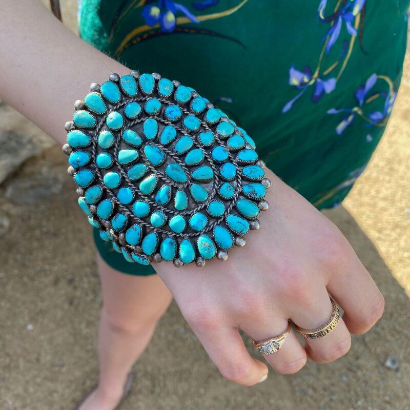 HUGE Zuni Turquoise Sunburst Bracelet in Sterling Silver Old Pawn