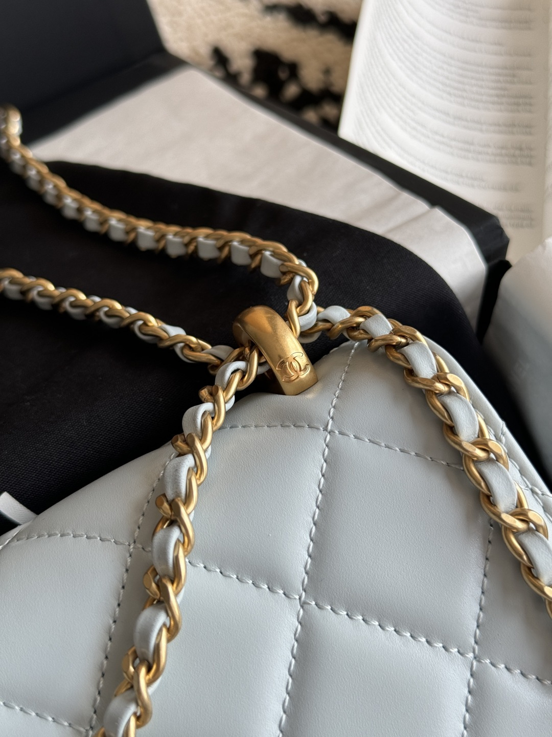 Wallet On Chain (WOC) with Double Gold Balls in Light Blue Quilted Shiny Caviar Leather with Antique Gold-Tone Hardware - Mocuir