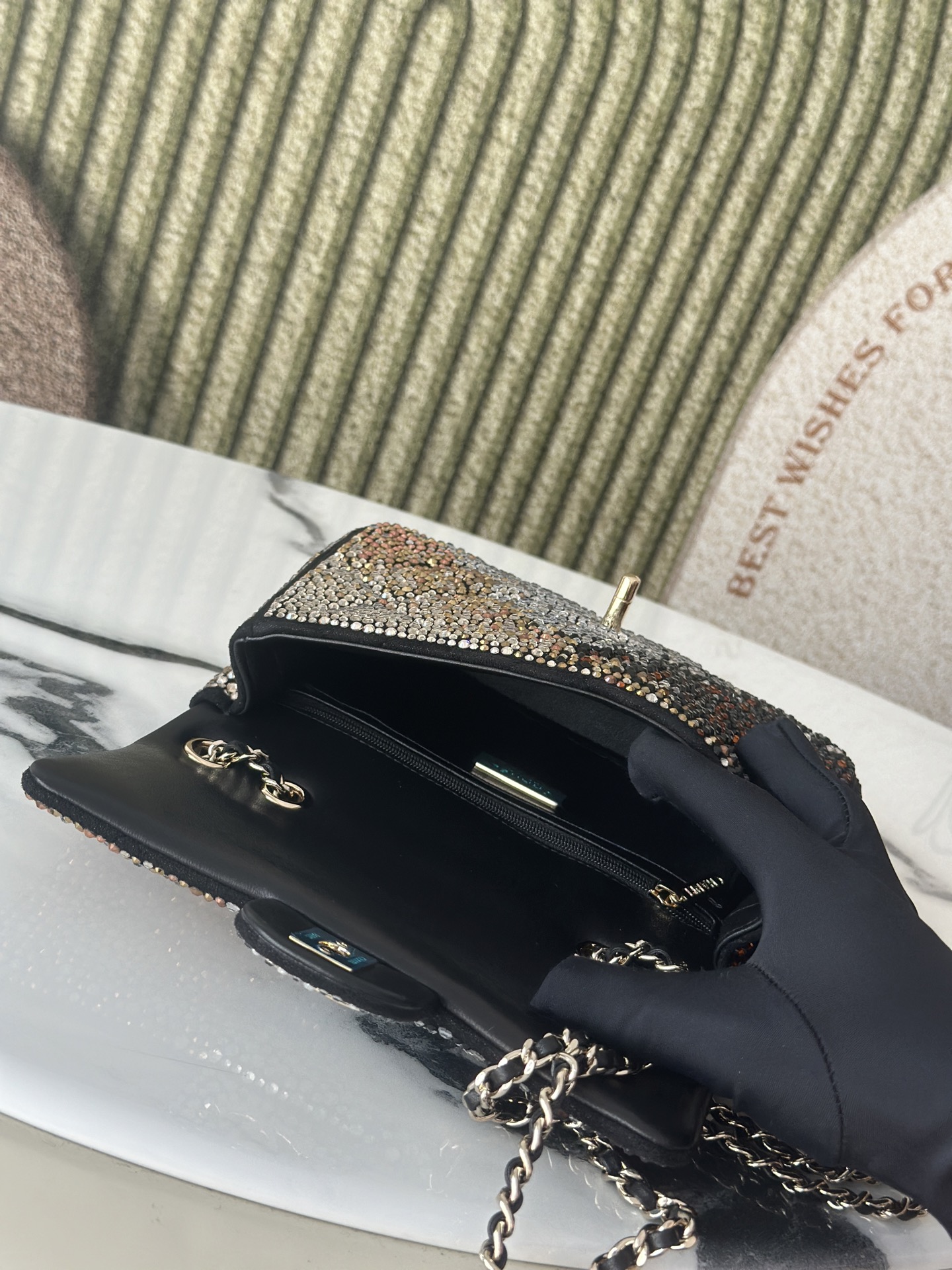 Classic Flap Mini Bag in Black Ombré Strass Crystal Embellished Suede (Gold Hardware) - Mocuir