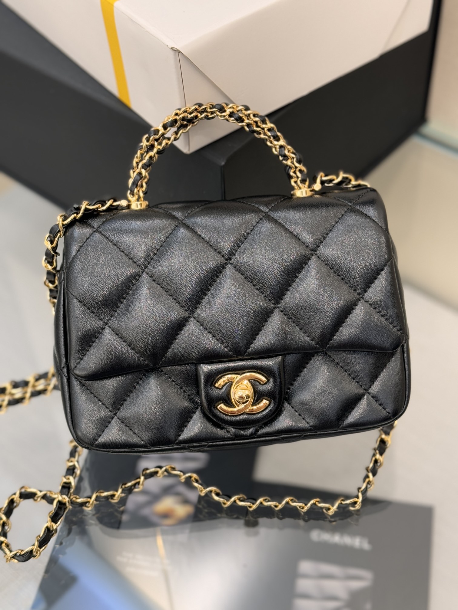 24B Classic Flap Mini with Twist Handle in Black Waxed Lambskin with Gold-Tone Hardware (Model AS5166) - Mocuir