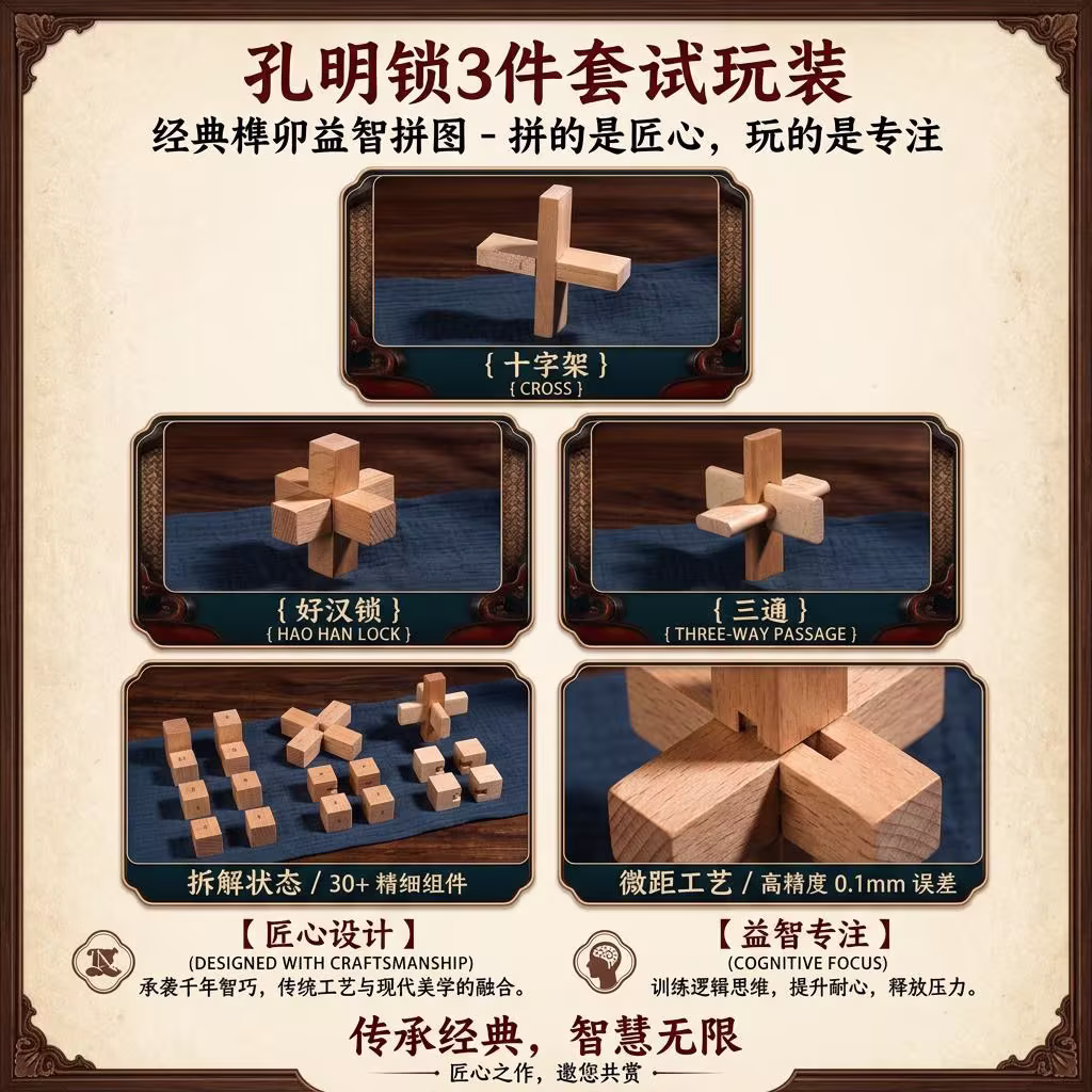 Kongming Lock 3-Piece Trial Set | Traditional Chinese Mortise and Tenon Puzzles 孔明锁 3 件试玩套装 | 中国传统榫卯益智玩具