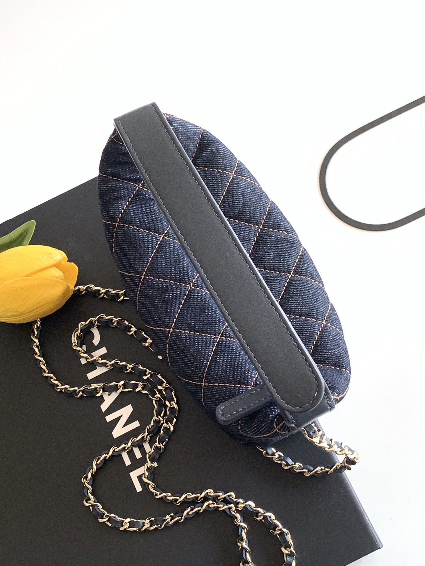 26S Spring-Summer Quilted Denim Hobo Bag with Handle in Dark Blue with Gold Hardware (Model AS5653) - Mocuir