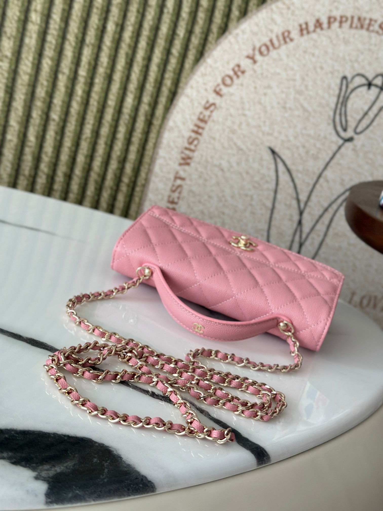 Classic Flap Mini Bag with Top Handle in Sakura Pink Caviar Leather with Light Gold Hardware (Model AP3341) - Mocuir