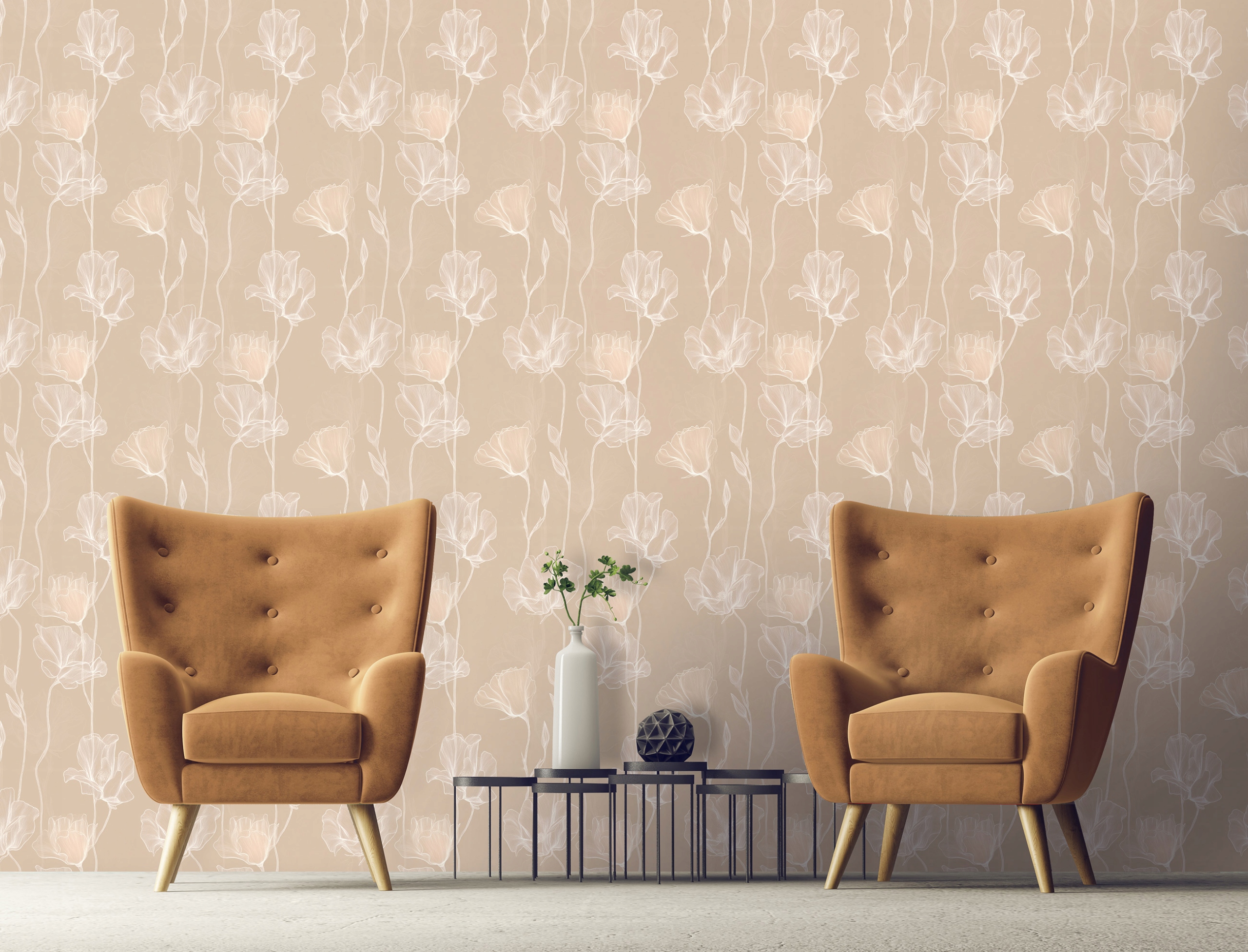 Beige floral line art wallpaper on non-woven fabric for living rooms and bedrooms