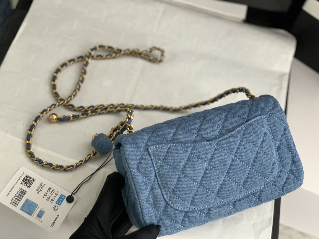 22C Classic Mini Flap Bag (Square) with Adjustable Ball Chain in Washed Denim Blue, Chevron Quilted, Gold-Tone Hardware - Mocuir