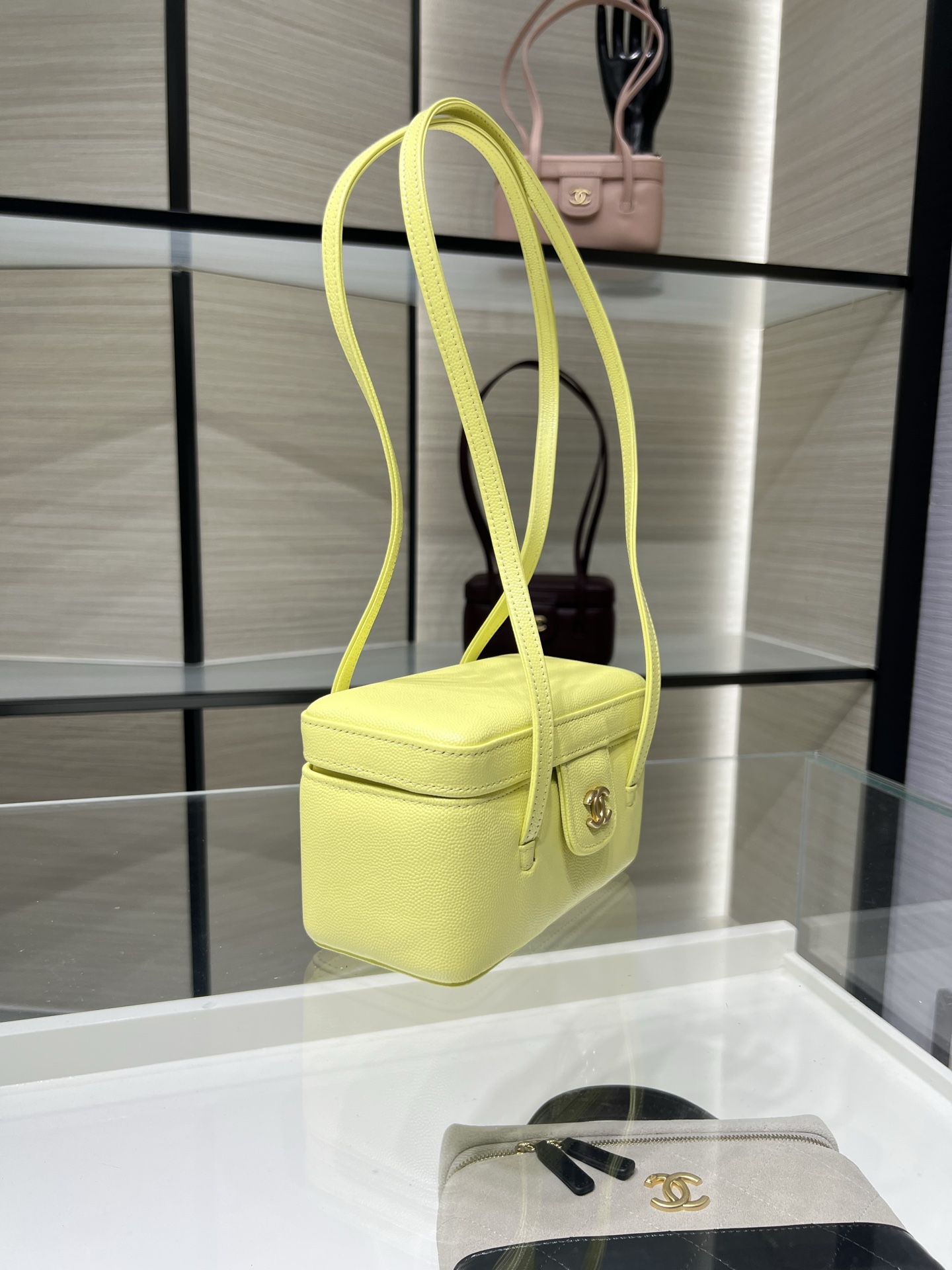 26P Preppy Coco Lemon Yellow Quilted Caviar Leather Long Vanity Handbag with Gold-Tone Hardware - Mocuir