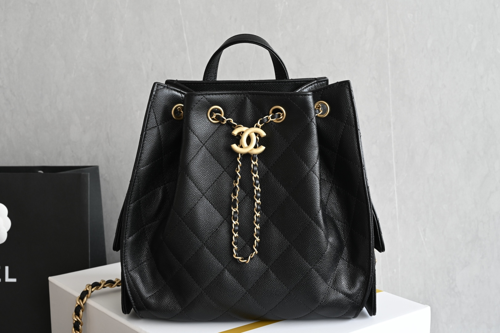 25 Medium Backpack in Black Grained Calfskin (Caviar) with Gold-Tone Hardware (Model AS5600) - Mocuir