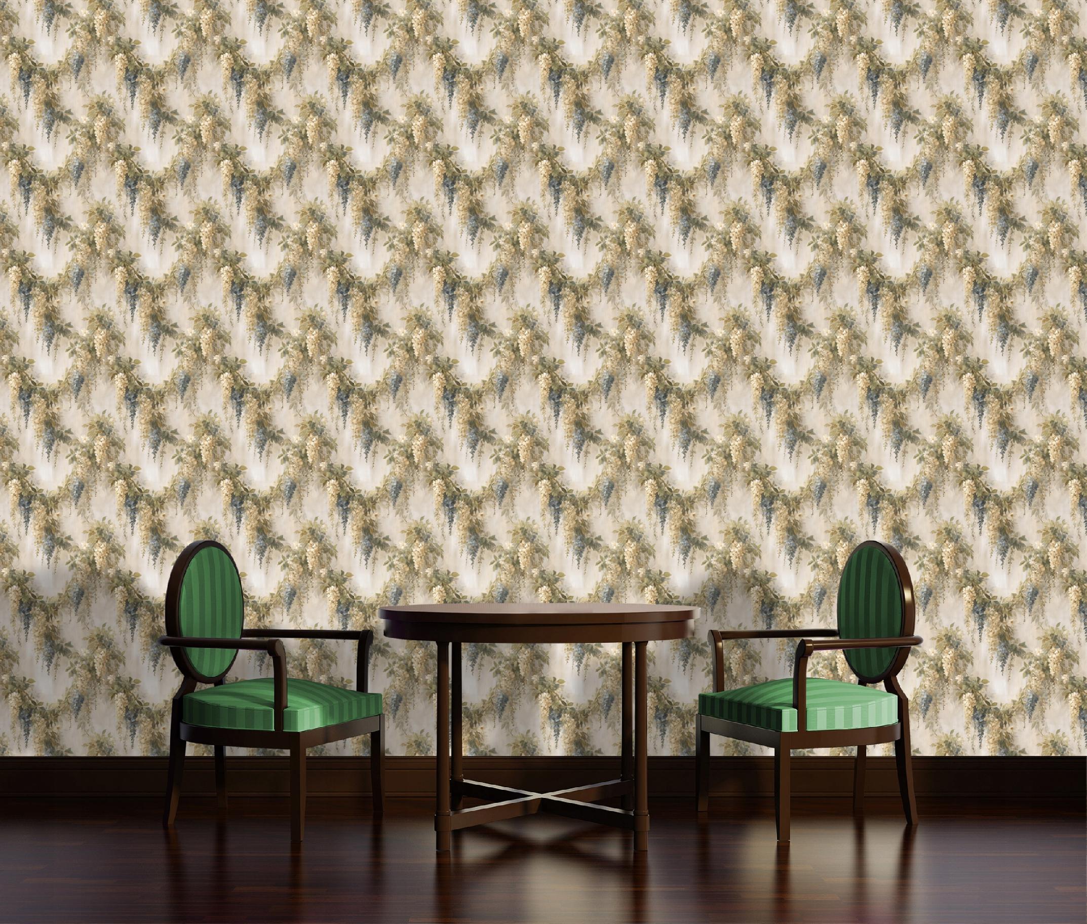 Beige wallpaper featuring vintage leaves and flowers on non-woven fabric, perfect for living room and bedroom walls