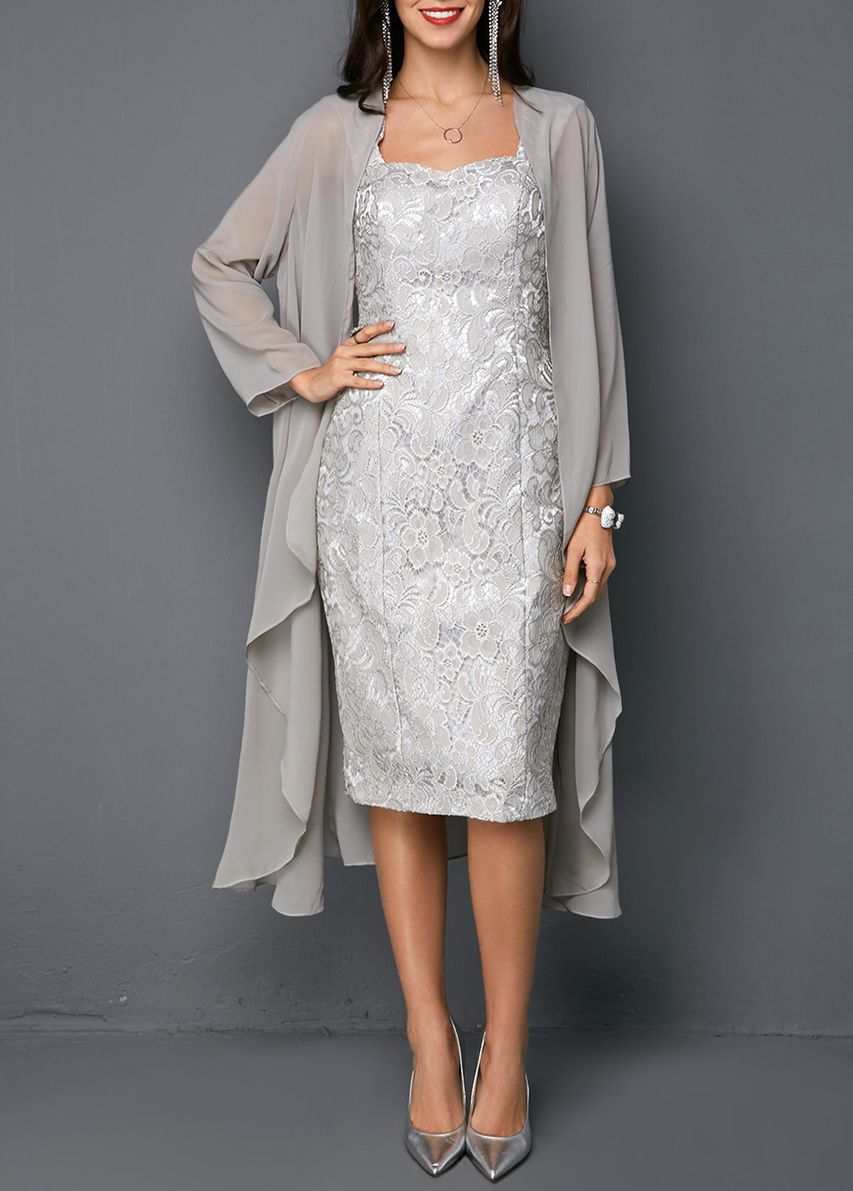 Open Front Cardigan and Tie Back Sleeveless Sheath Dress