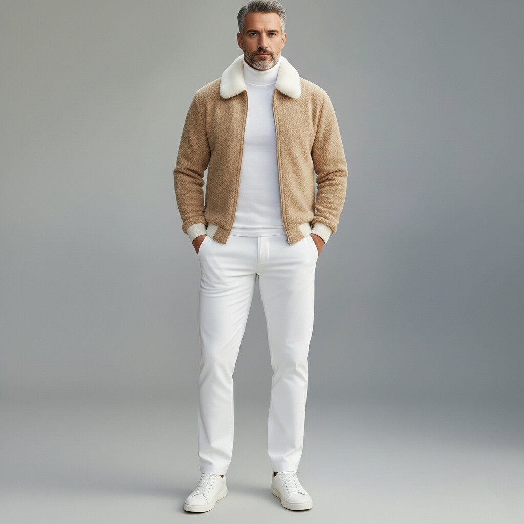 Men's Camel Furry Collar Long Sleeve Pockets Sherpa Zip-Up Jacket