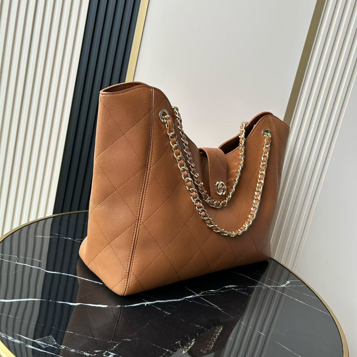 25K Caramel Quilted Caviar Leather Tote Handbag with Gold-Tone Hardware - Mocuir