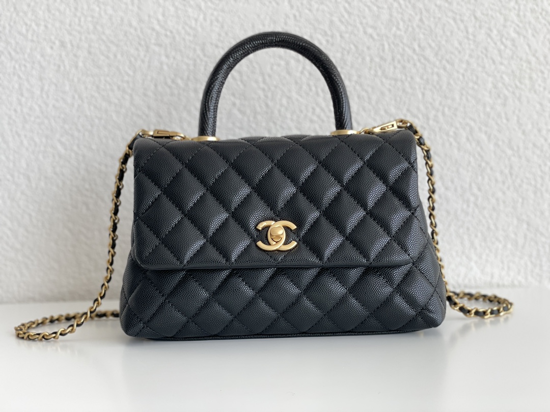 Coco Handle (Size 24) in Black Quilted Grained Calfskin (Caviar) with Light Gold-Tone Hardware (Model A92990) - Mocuir