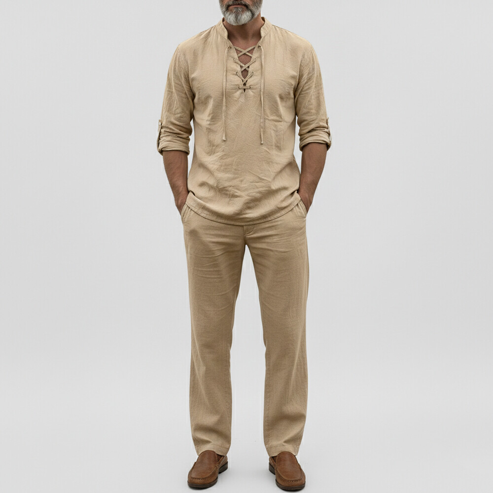 Men's Casual Solid Stand Collar Lace Up Long Sleeve Shirts