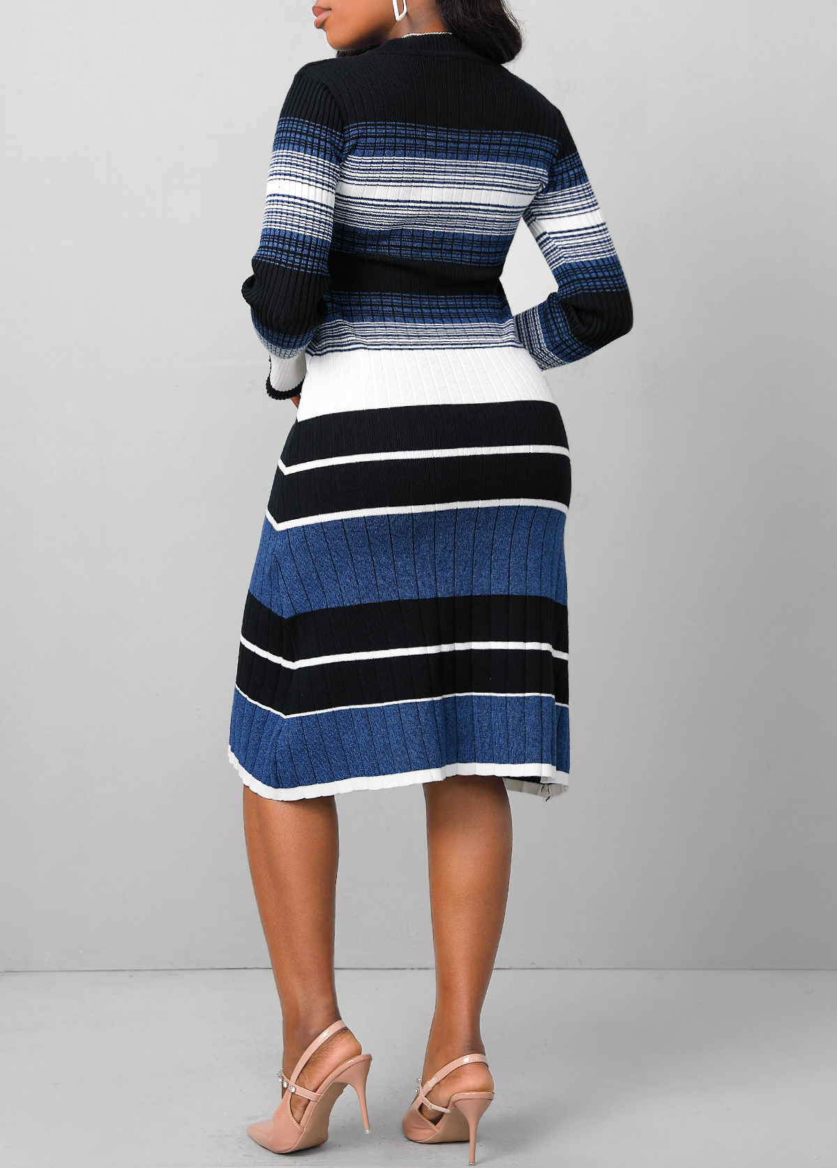 Striped Dark Blue Round Neck Long Sleeve Dress