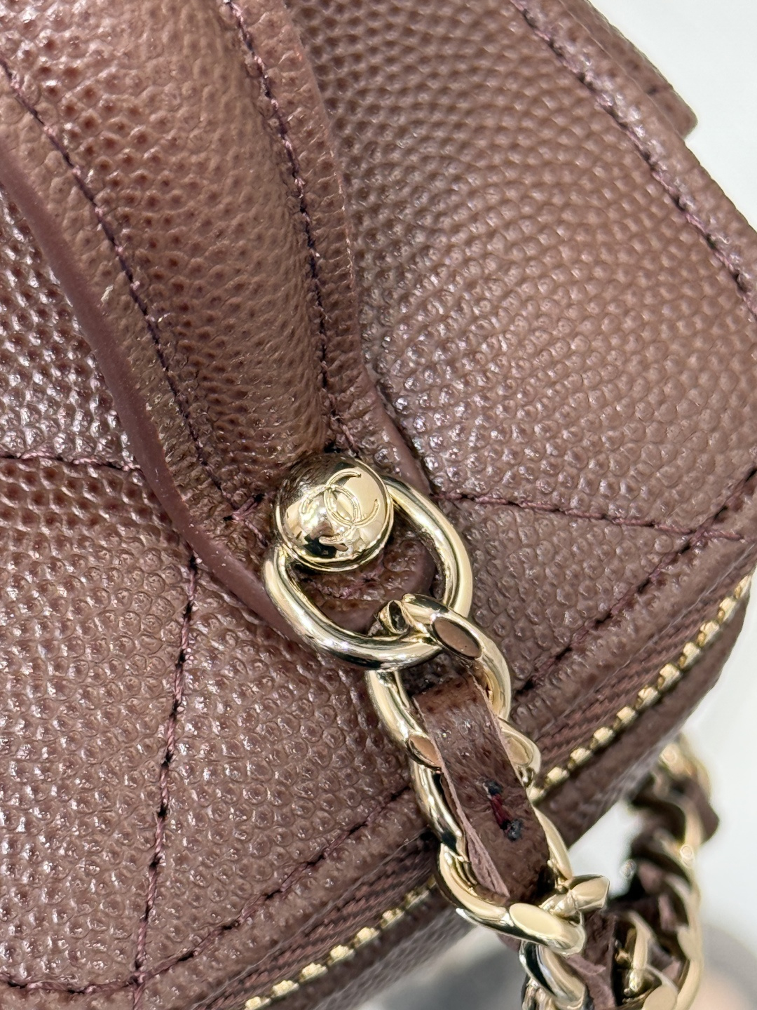 Mini Top Handle Vanity Case (AS5993) in Dark Brown Quilted Grained Calfskin (Caviar) with Antique Gold-Tone Hardware - Mocuir