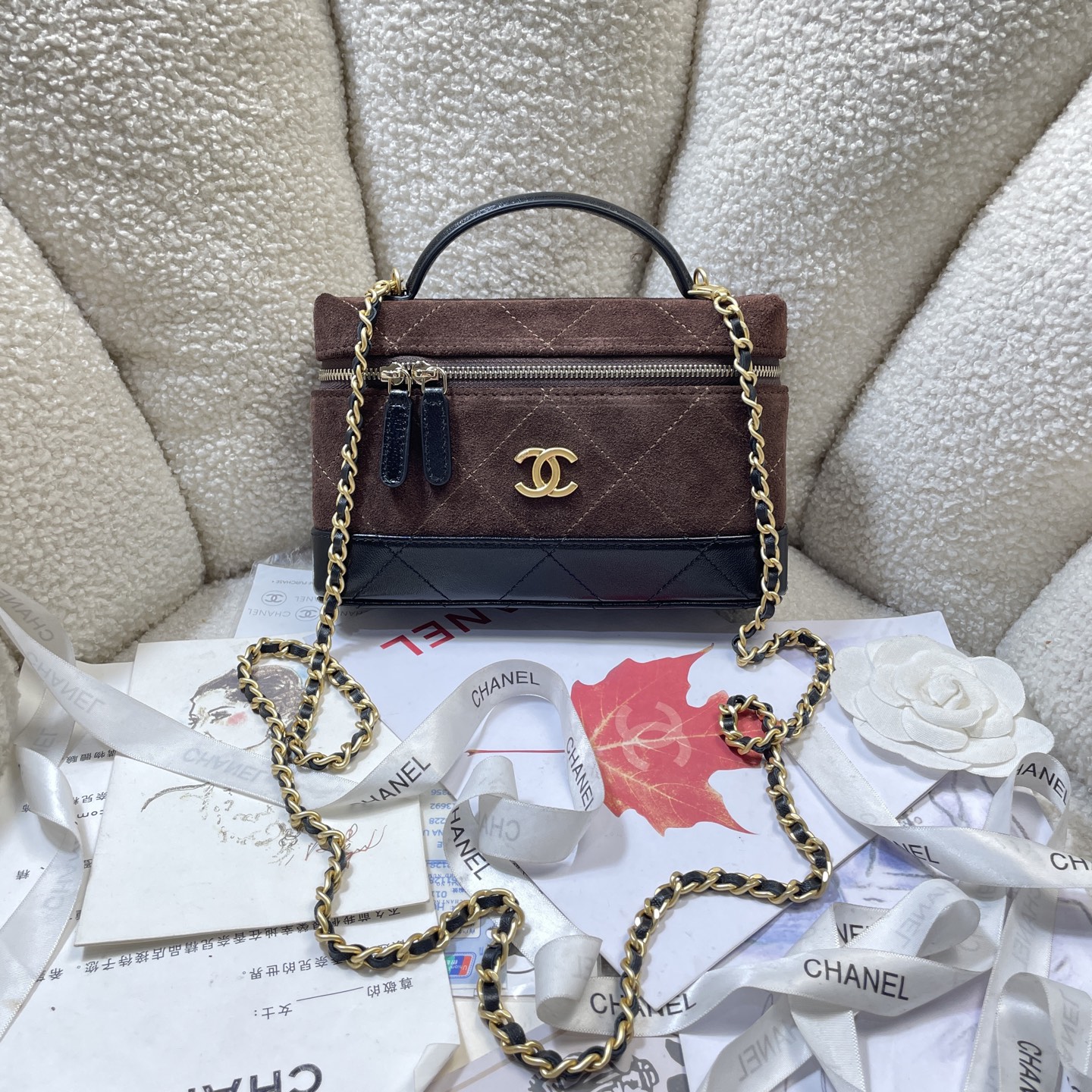 26S Slim Vanity Case with Chain in Dark Brown Suede & Black Lambskin with Gold-Tone Hardware - Mocuir