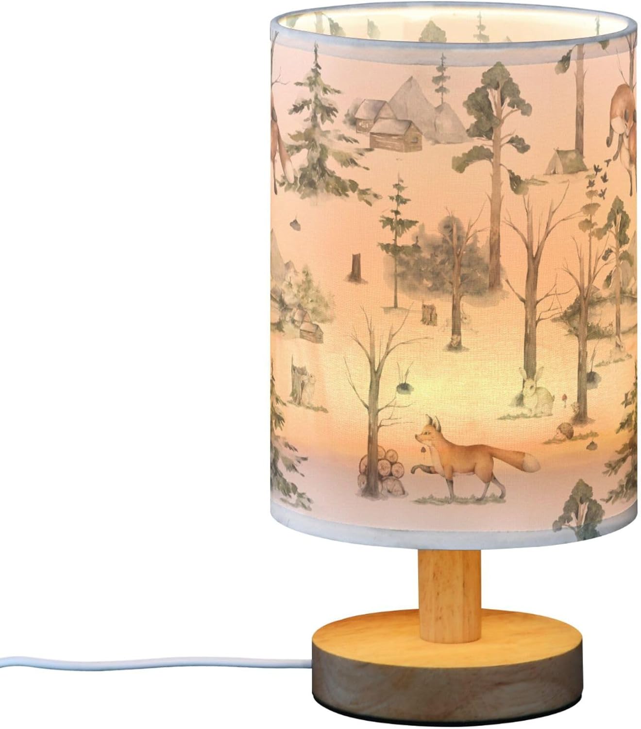 TWINKLETALE Table Lamp Watercolor Woodland Animal Pattern Fox Rabbit Hedgehog Bird Nightstand Lamp