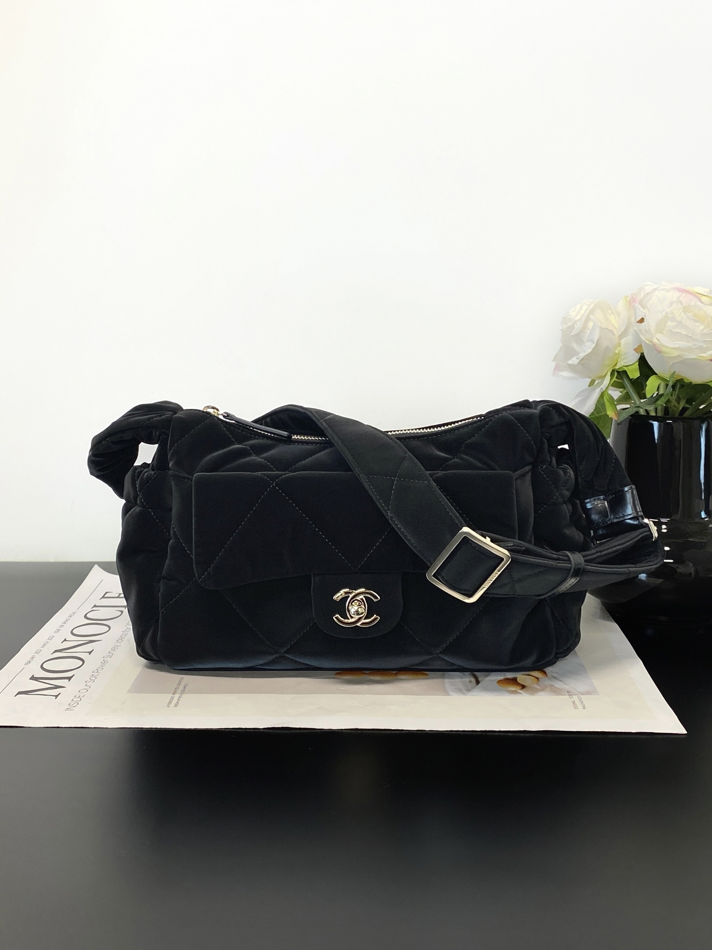 25N Ski Collection Hobo Bag in Black Technical Suede Nylon with Gold Hardware (Model AM7140) - Mocuir