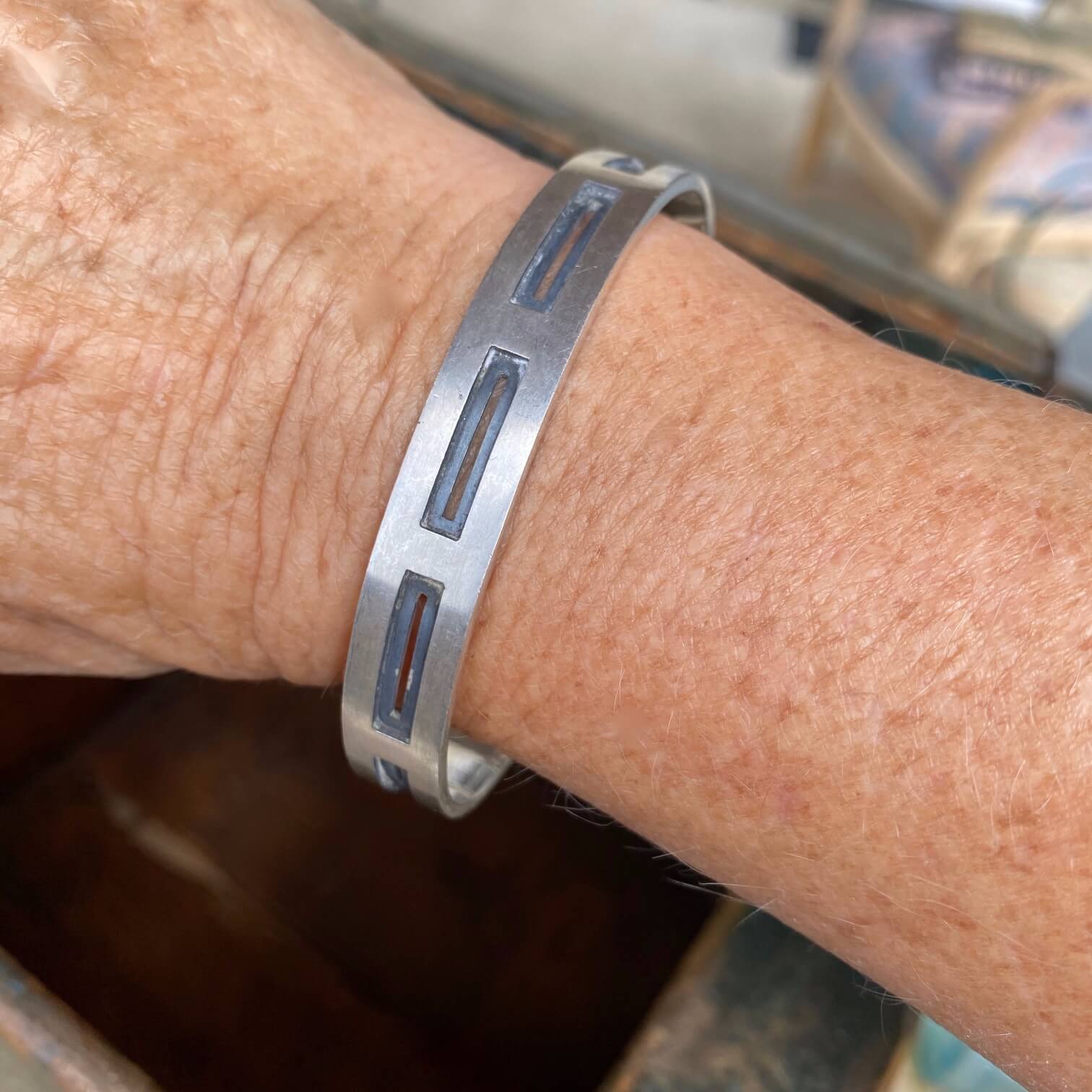 Vintage Sterling Silver Window Pane Cuff Bracelet