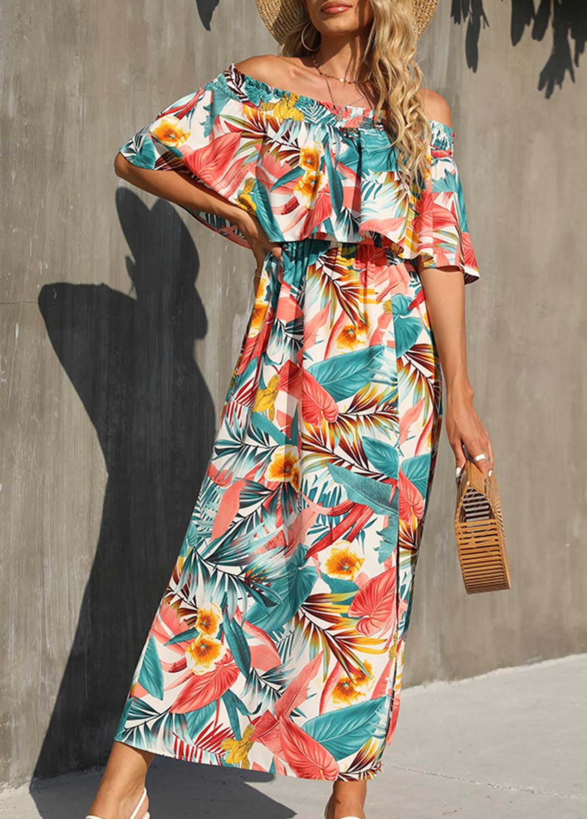 Multi Color Tropical Print Off Shoulder Dress