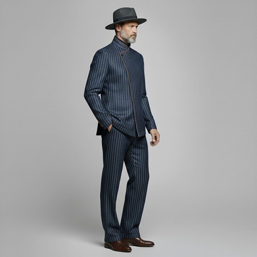 Men's Navy Blue Striped Stand-Up Collar One Button Long Sleeve Blazer & Pants 2Pcs Set