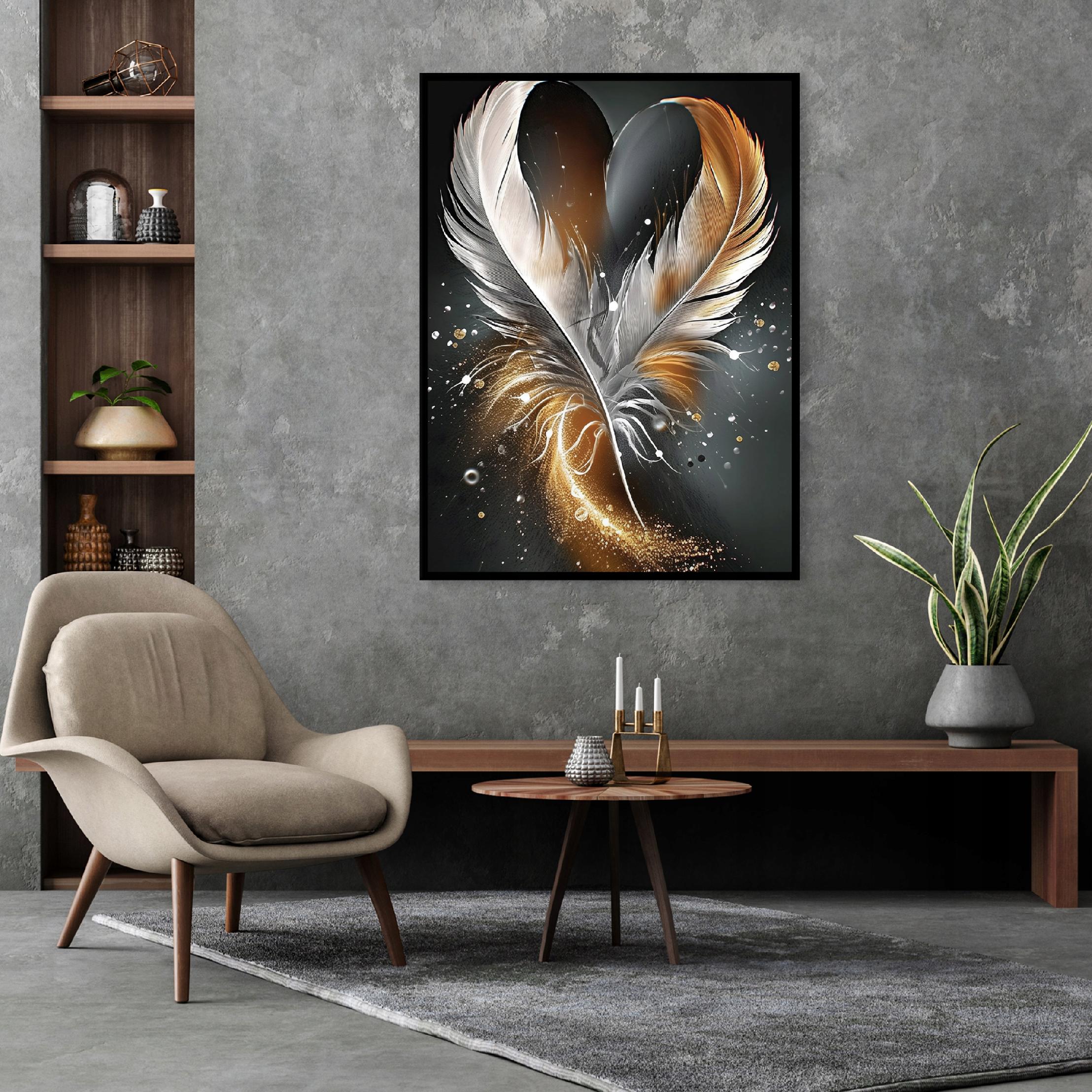 Black-framed canvas painting of feathers, abstract art, living room or bedroom, 60x40